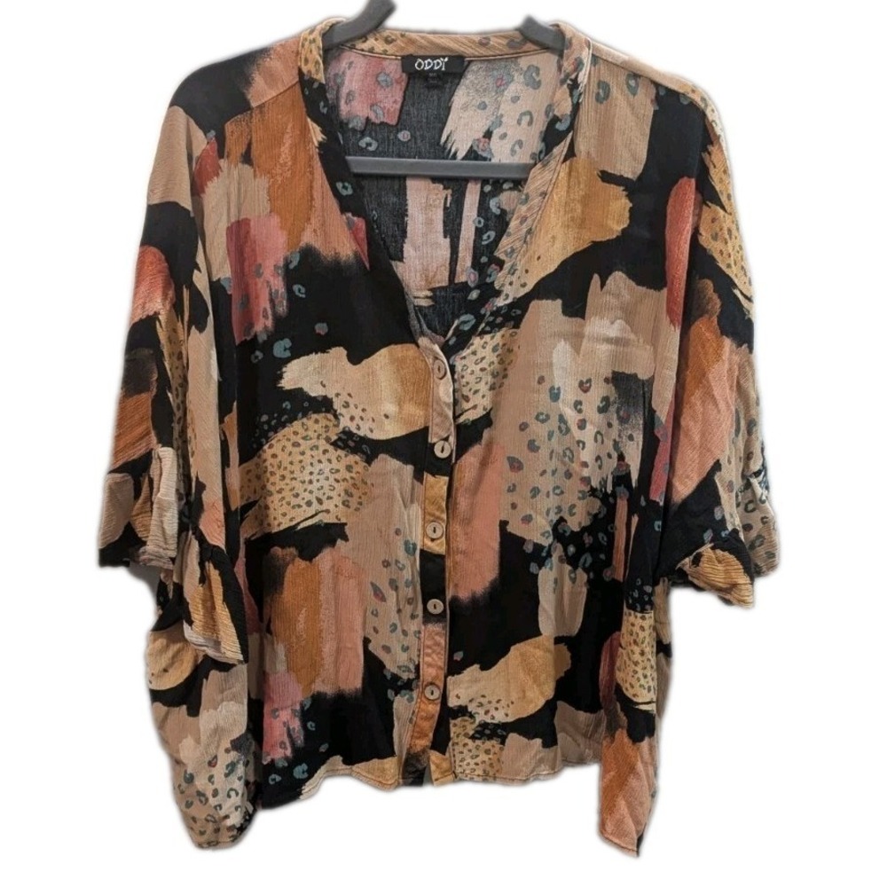 Oddy Women's M/L Blouse Patchwork Lagenlook Ruffle Sleeve Oversized Wood Buttons